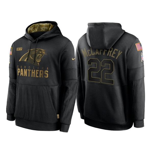 Men's Carolina Panthers #22 Christian McCaffrey 2020 Black Salute to Service Sideline Performance Pullover Hoodie - Click Image to Close